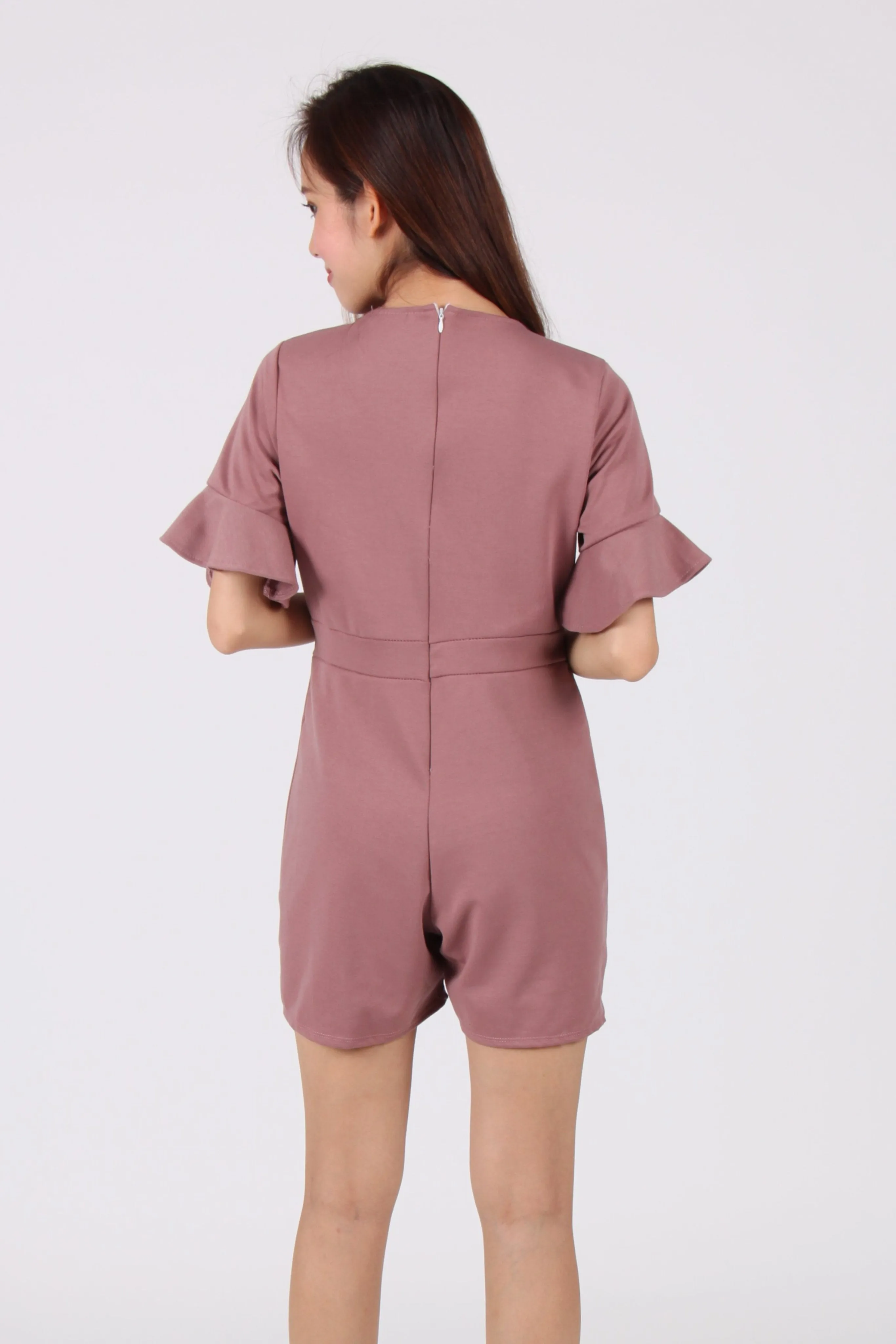 Trumpet Sleeves Wrap Romper in Dessert Taupe