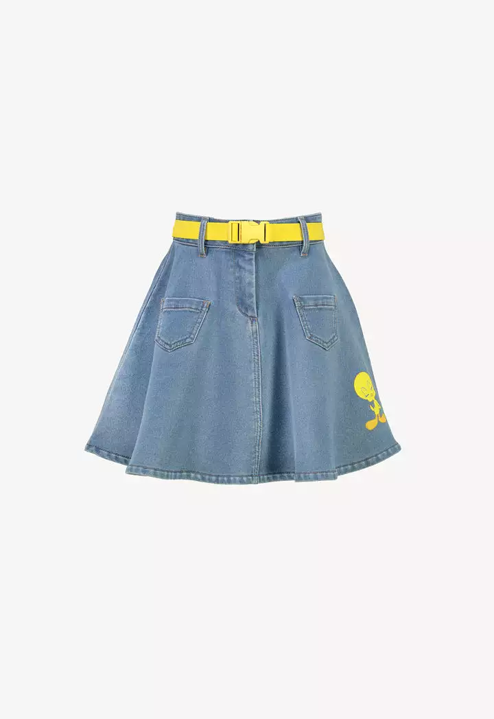 Tweety Bird's Rubber Print Flared Denim Skirt