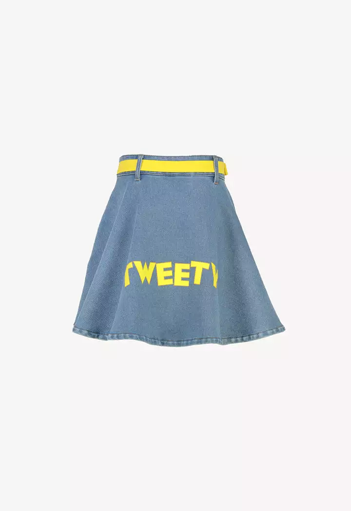 Tweety Bird's Rubber Print Flared Denim Skirt