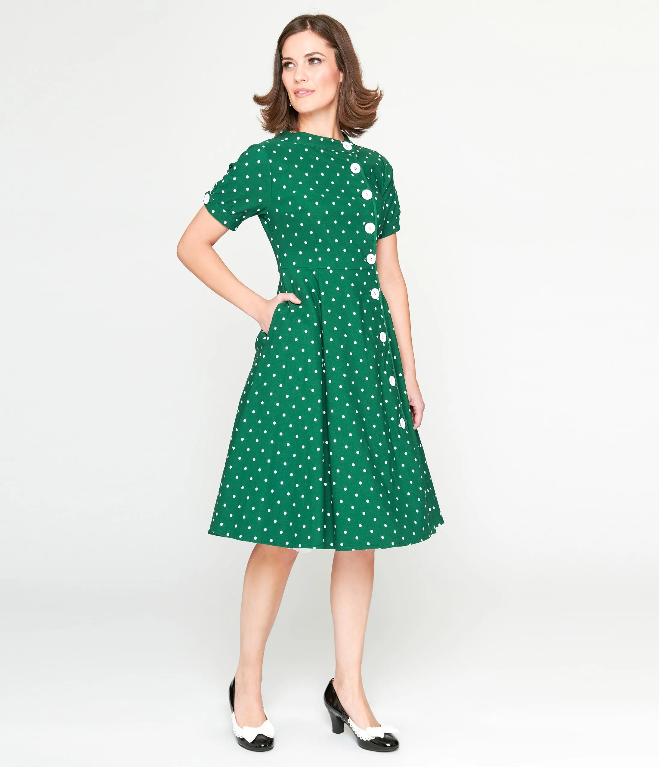 Unique Vintage 1950s Green & White Pin Dot Contrast Button Swing Dress