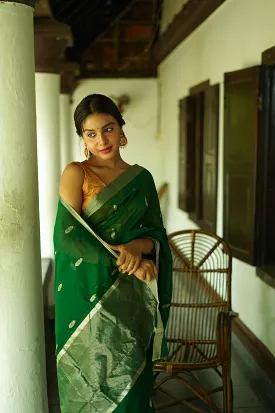 Utsav dark green silk cotton silver Zari Chanderi Saree