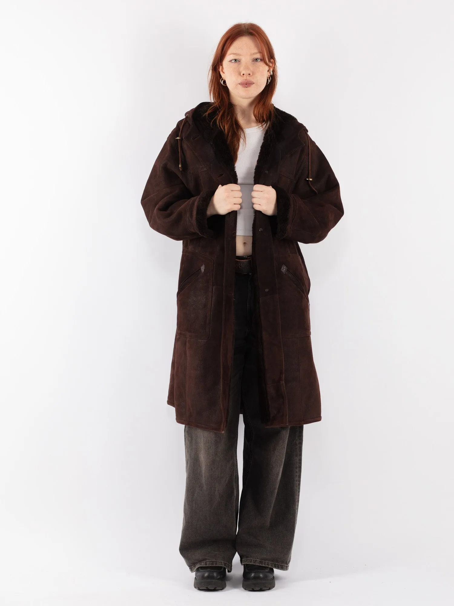 Vintage 70's Women Hooded Sheepskin Coat in Brown