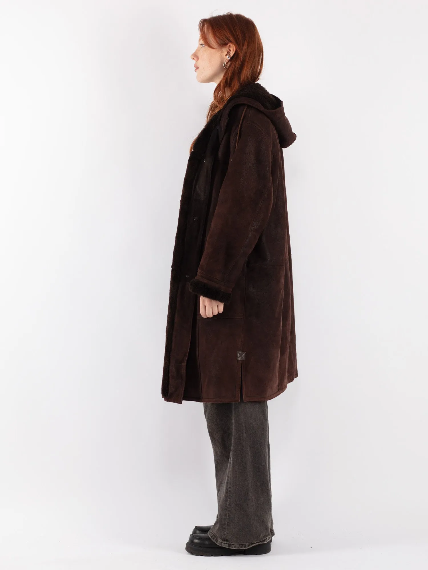 Vintage 70's Women Hooded Sheepskin Coat in Brown