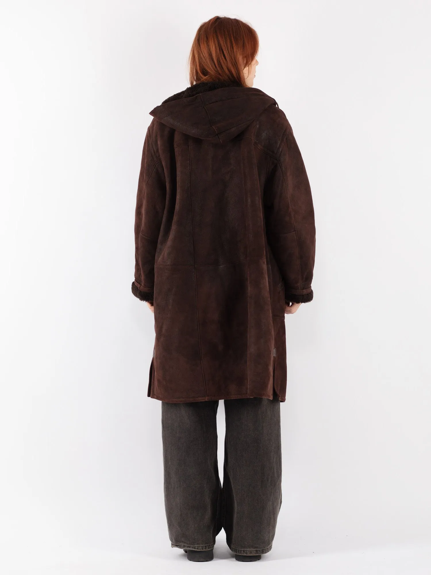 Vintage 70's Women Hooded Sheepskin Coat in Brown