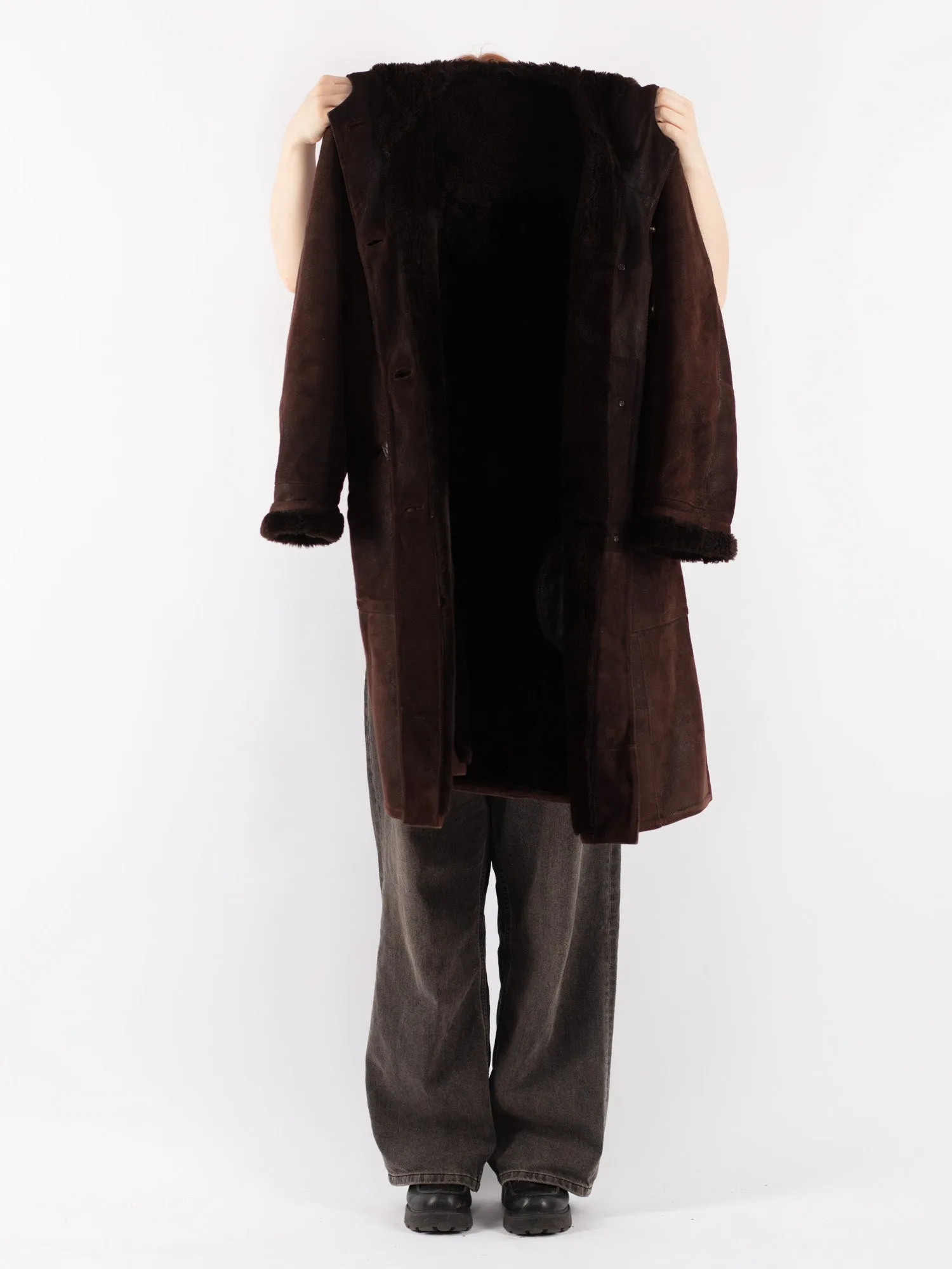 Vintage 70's Women Hooded Sheepskin Coat in Brown