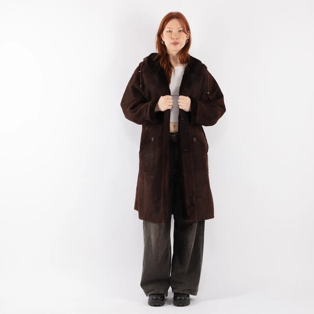 Vintage 70's Women Hooded Sheepskin Coat in Brown