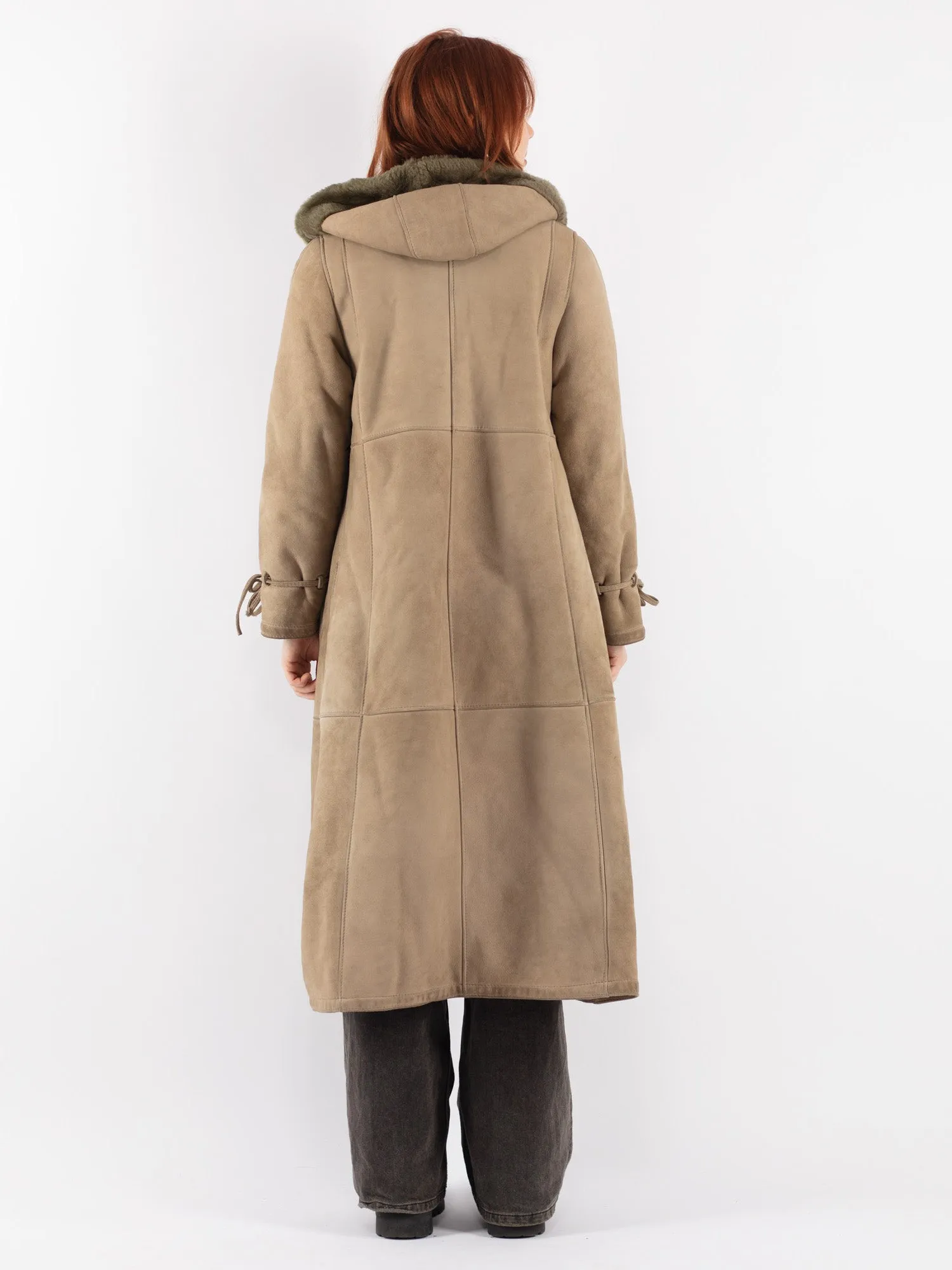 Vintage 70's Women Hooded Sheepskin Long Coat in Beige