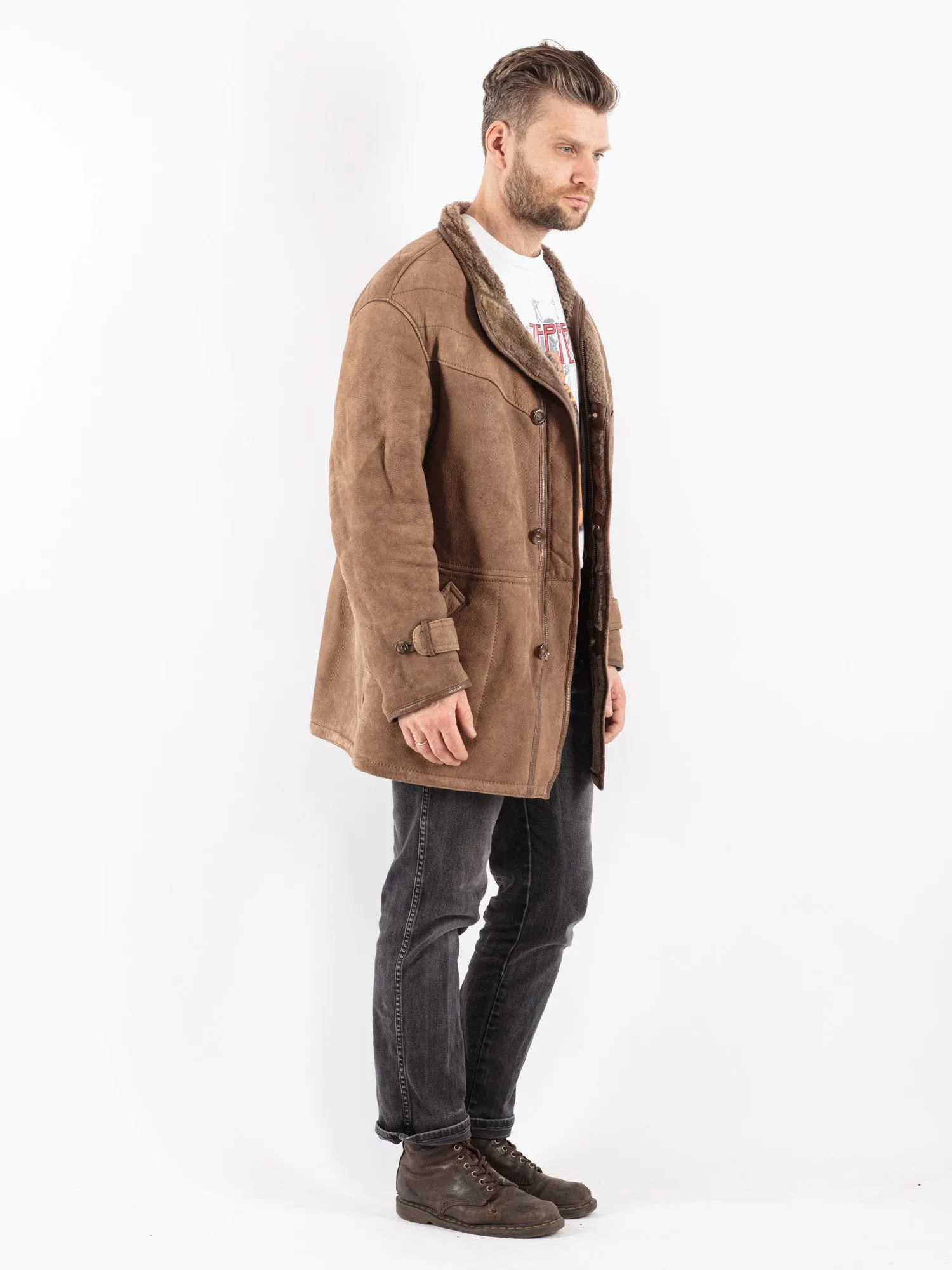 Vintage 80's Men Sheepskin Coat in Beige