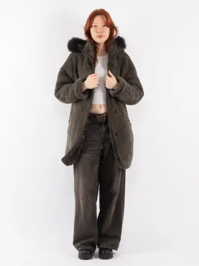 Vintage 80's Women Hooded Sheepskin Coat in Gray