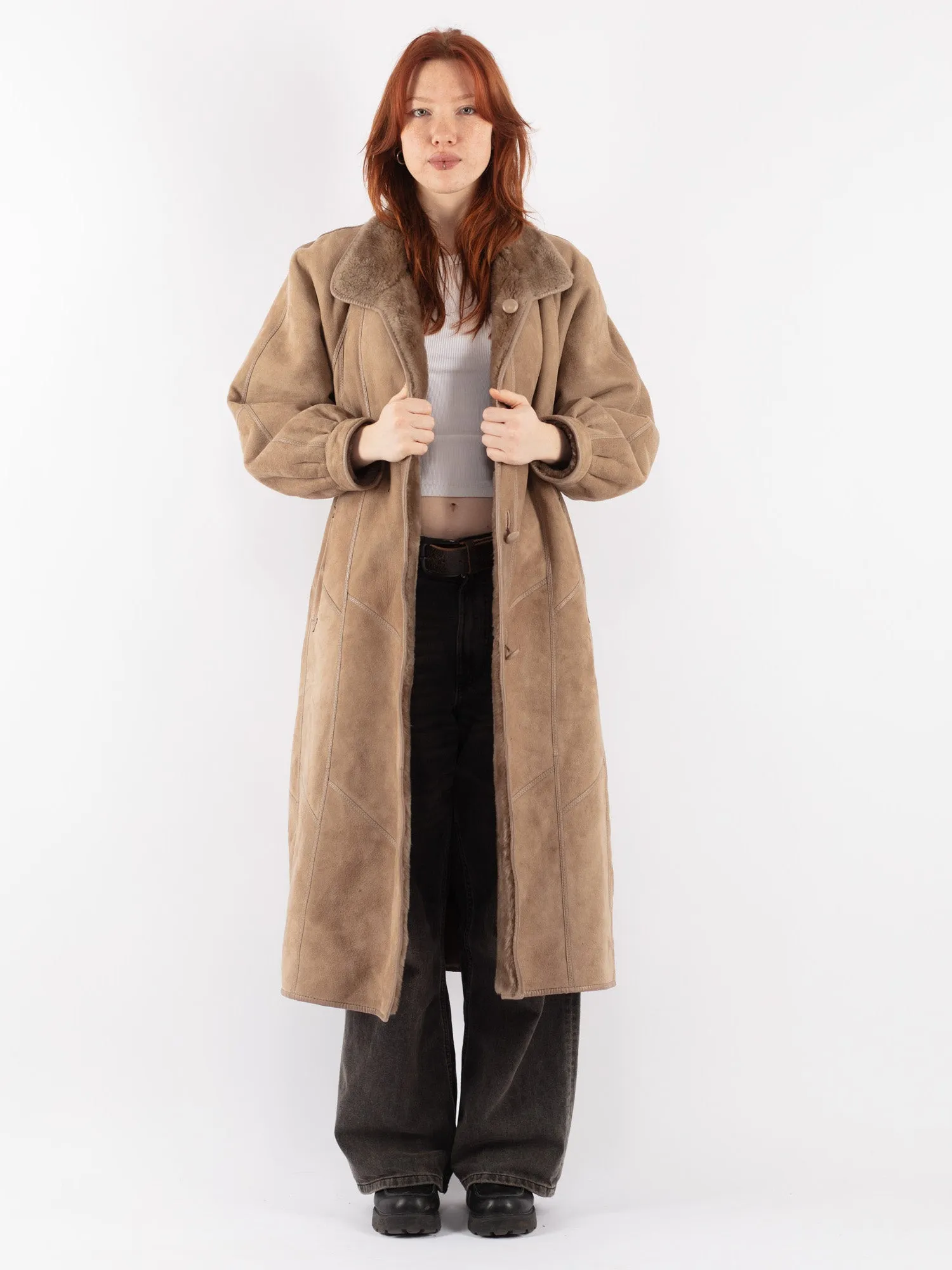 Vintage 80's Women Oversized Sheepskin Long Coat in Beige