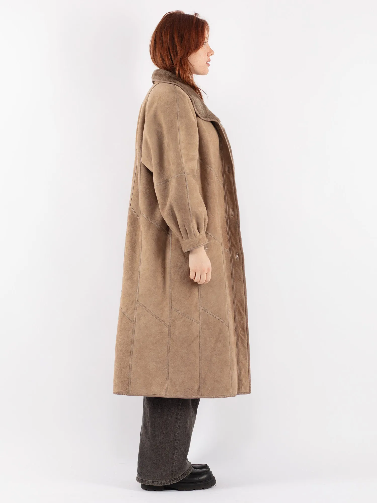 Vintage 80's Women Oversized Sheepskin Long Coat in Beige