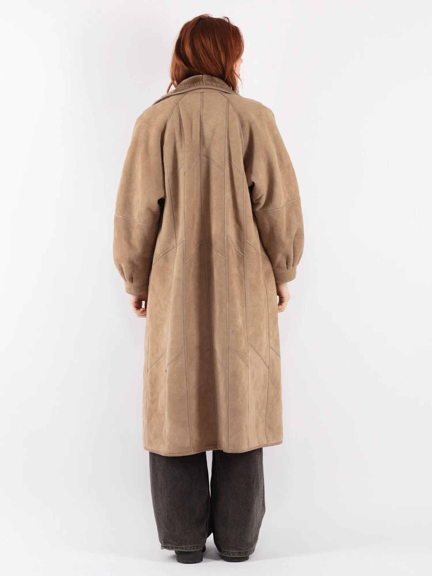 Vintage 80's Women Oversized Sheepskin Long Coat in Beige