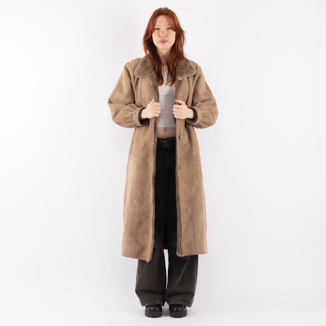 Vintage 80's Women Oversized Sheepskin Long Coat in Beige