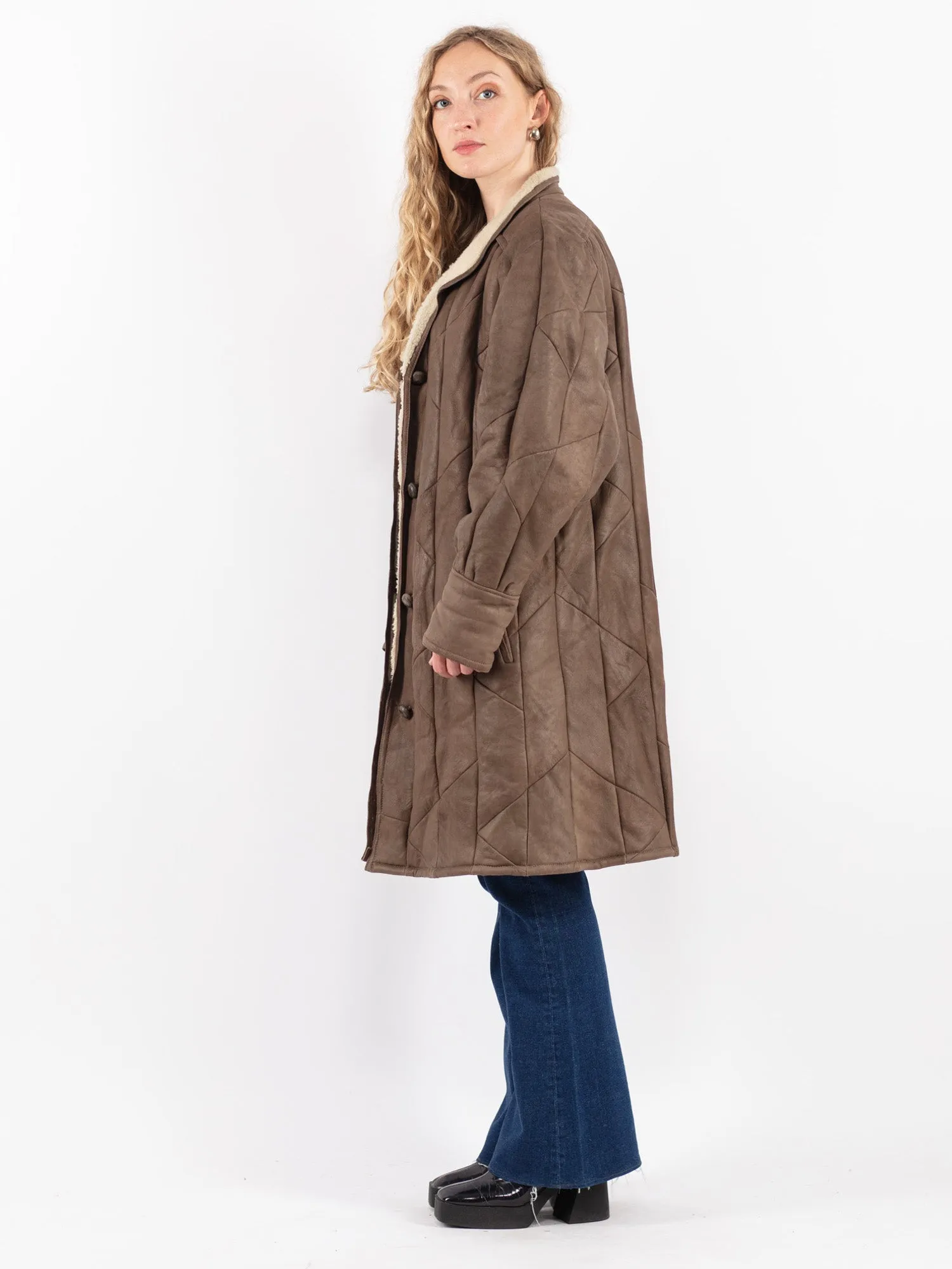 Vintage 80's Women Sheepskin Long Coat in Brown