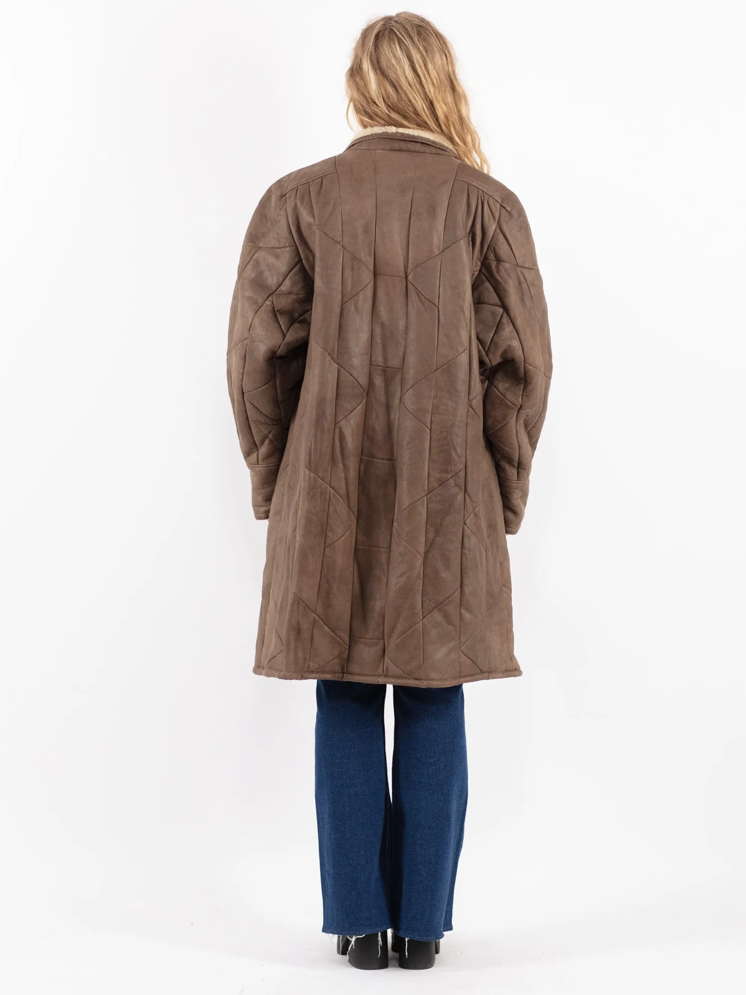 Vintage 80's Women Sheepskin Long Coat in Brown