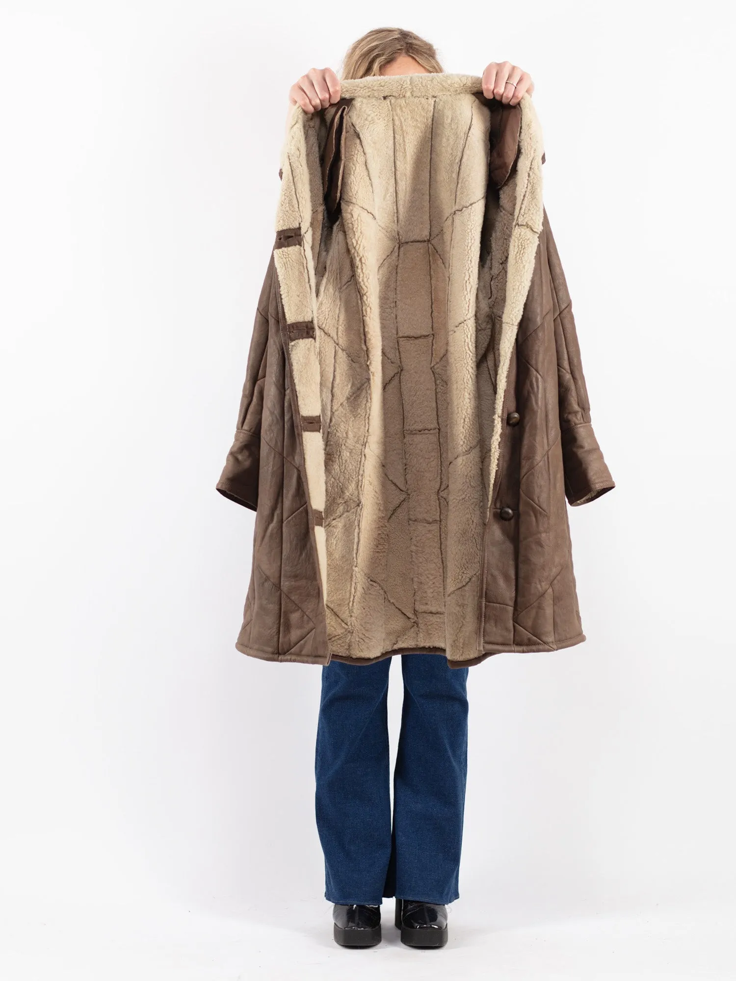 Vintage 80's Women Sheepskin Long Coat in Brown