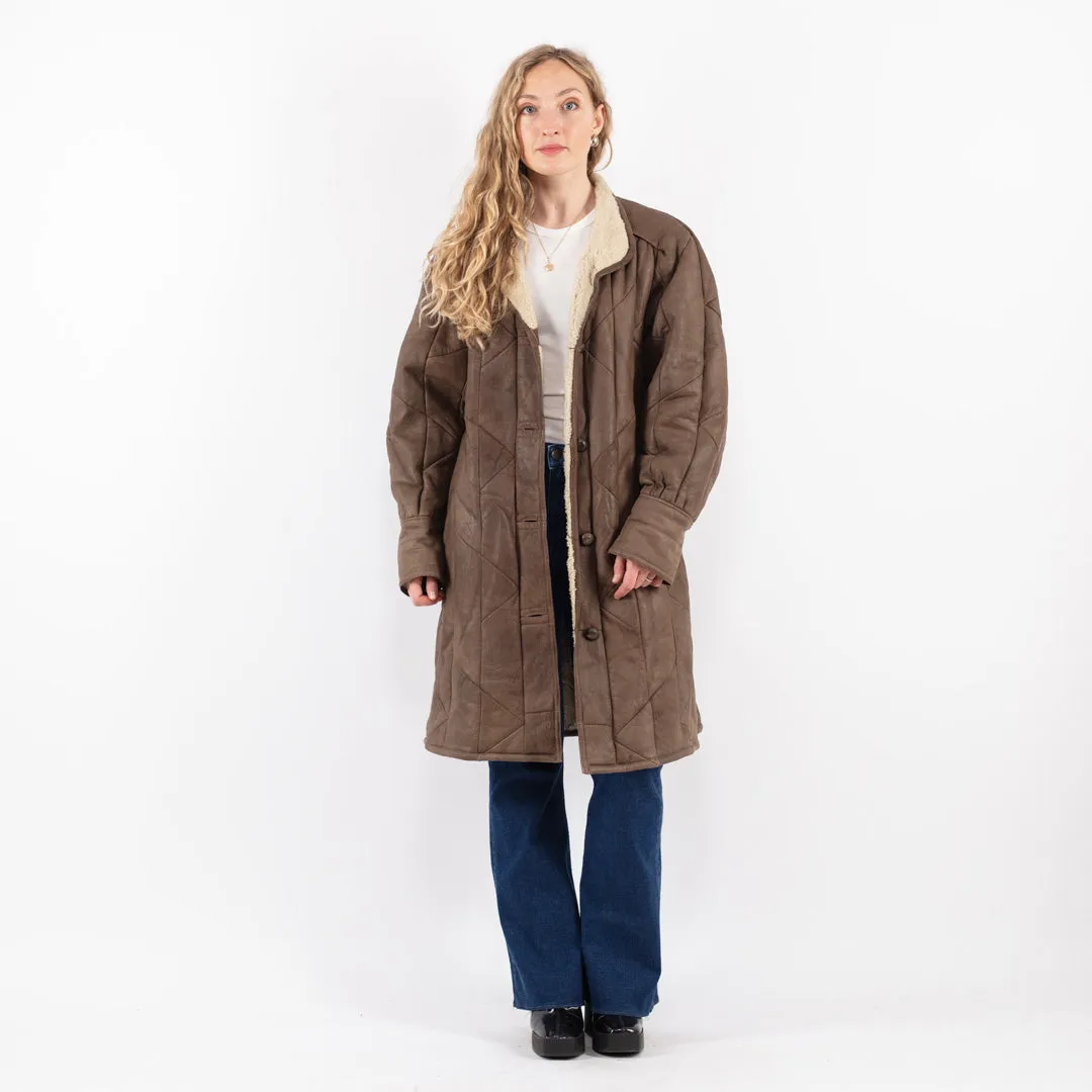 Vintage 80's Women Sheepskin Long Coat in Brown