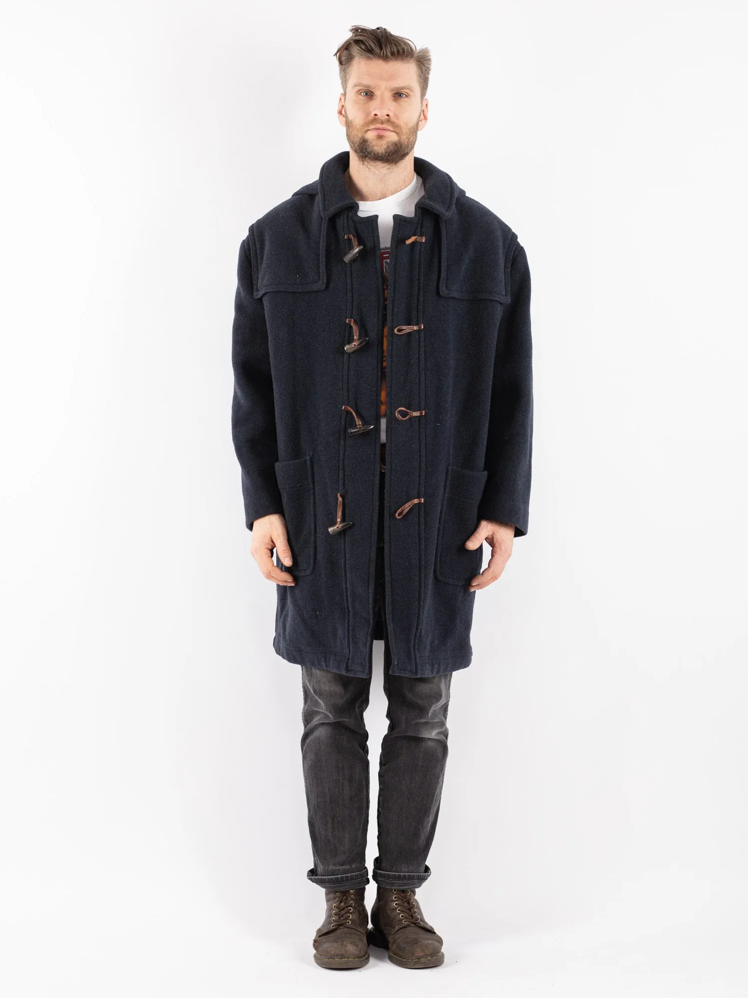 Vintage 90's Men Hooded Wool Duffle Coat in Blue