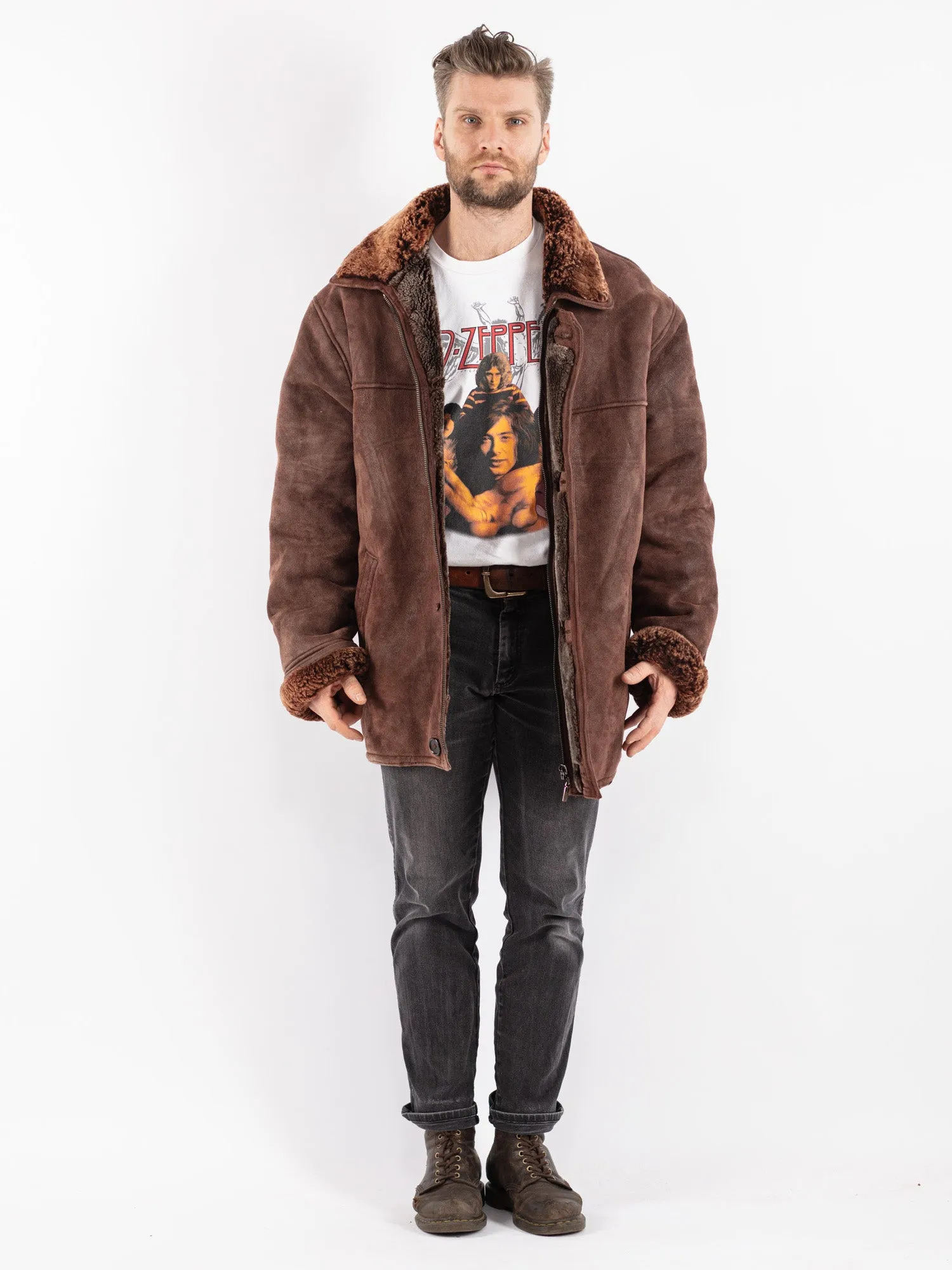 Vintage 90's Men Oversized Sheepskin Coat in Brown