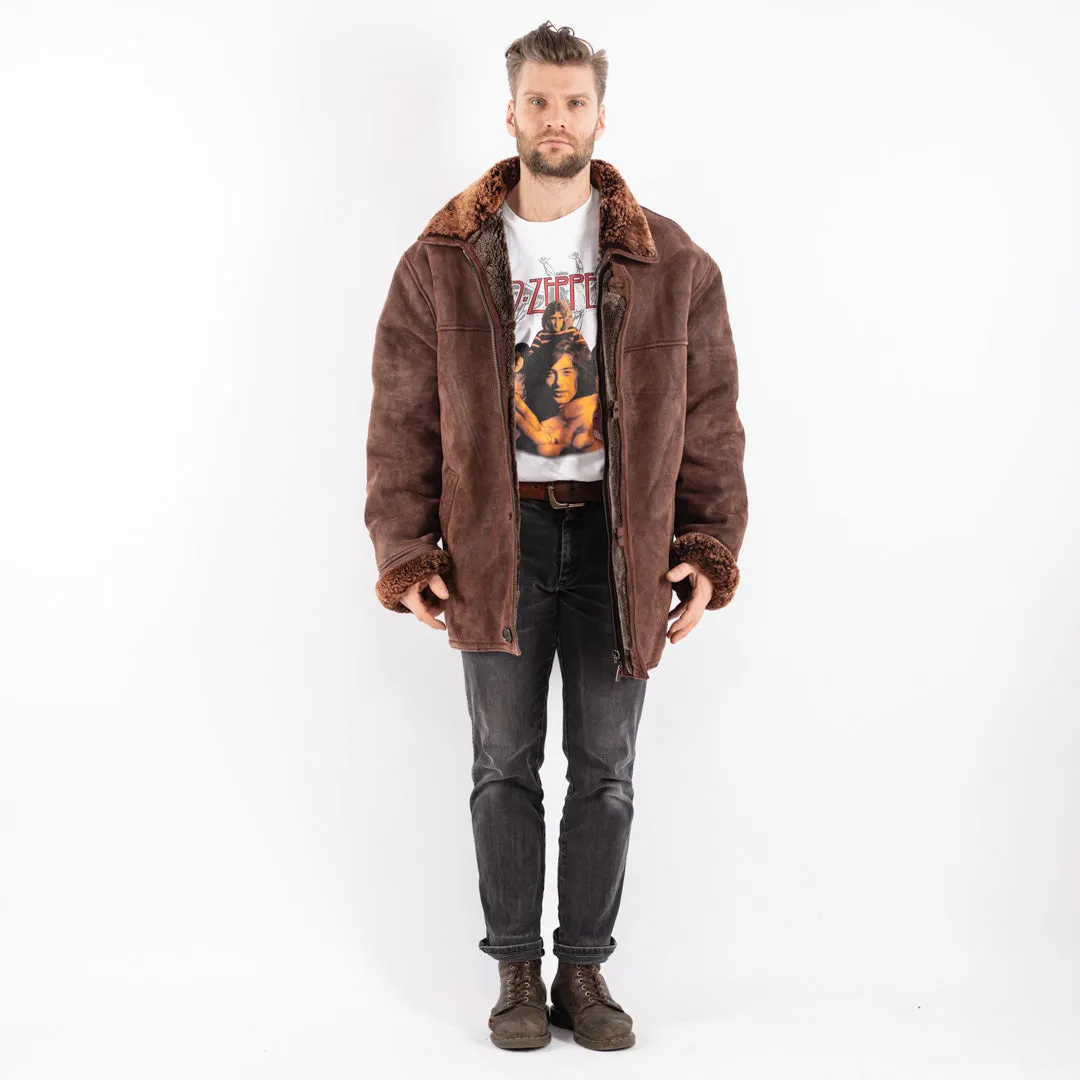 Vintage 90's Men Oversized Sheepskin Coat in Brown