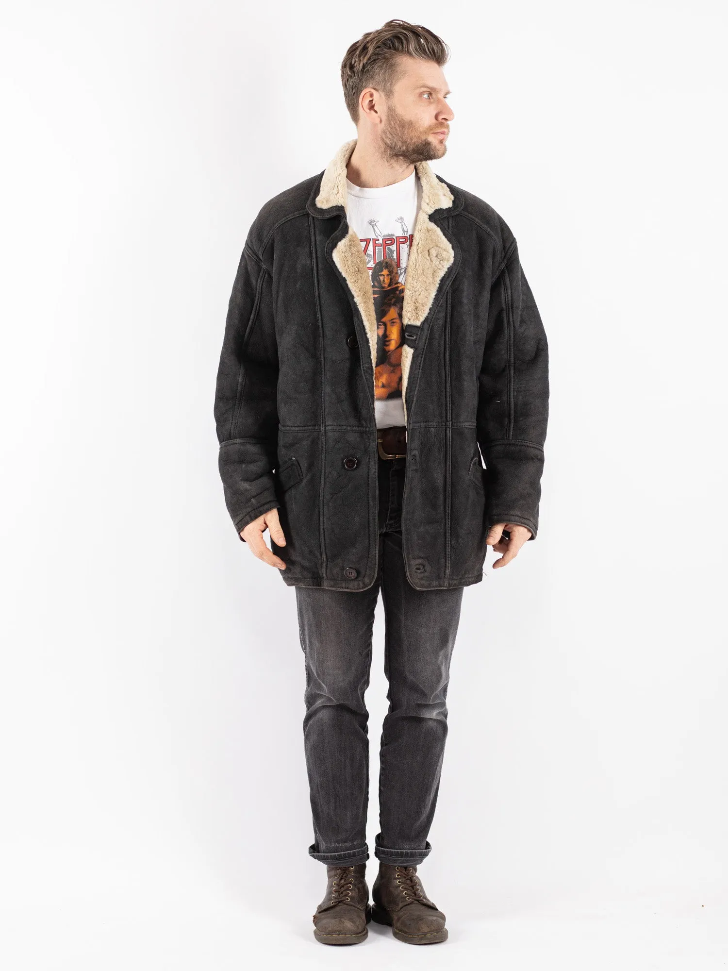 Vintage 90's Men Sheepskin Coat in Black