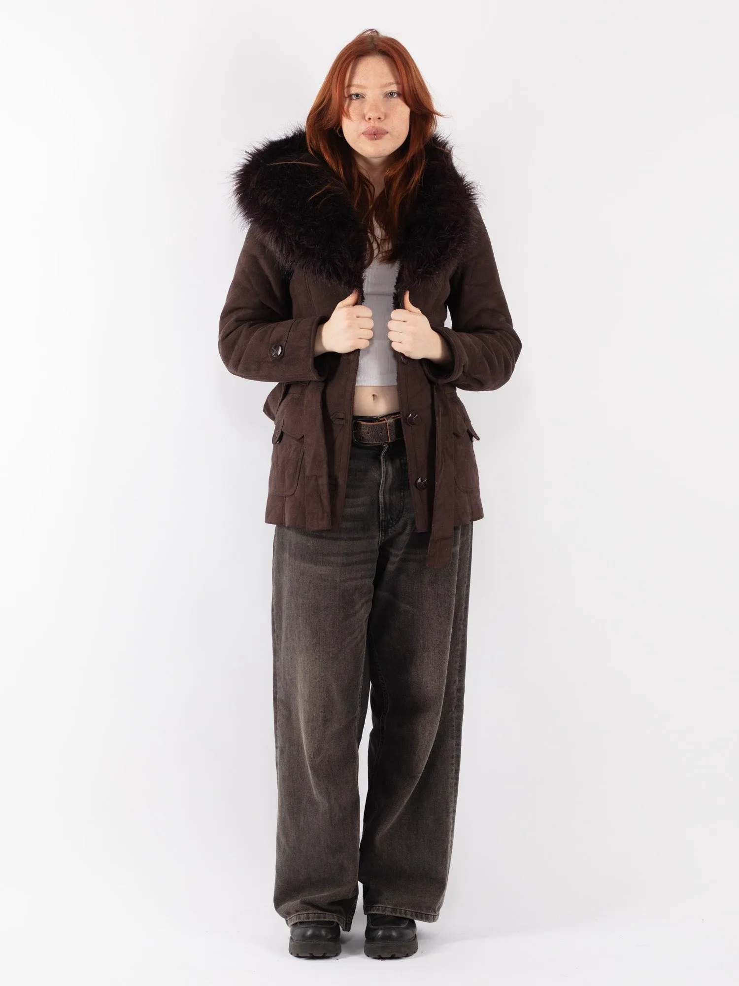 Vintage 90's Women Faux Sheepskin Coat in Brown