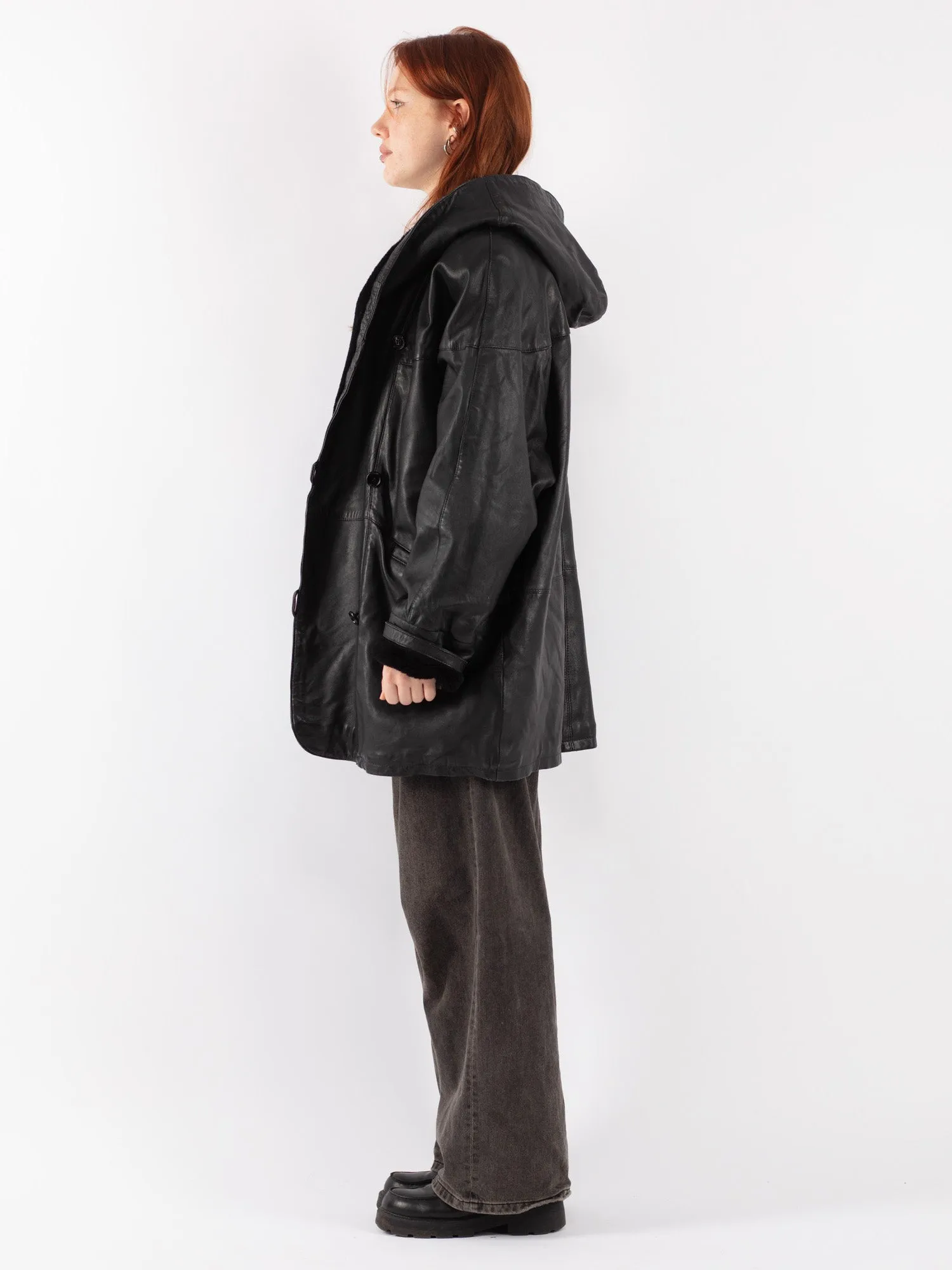 Vintage 90's Women Hooded Leather Sherpa Coat in Black