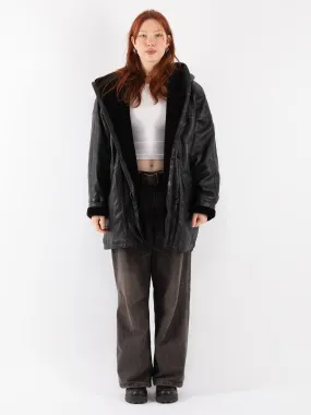 Vintage 90's Women Hooded Leather Sherpa Coat in Black