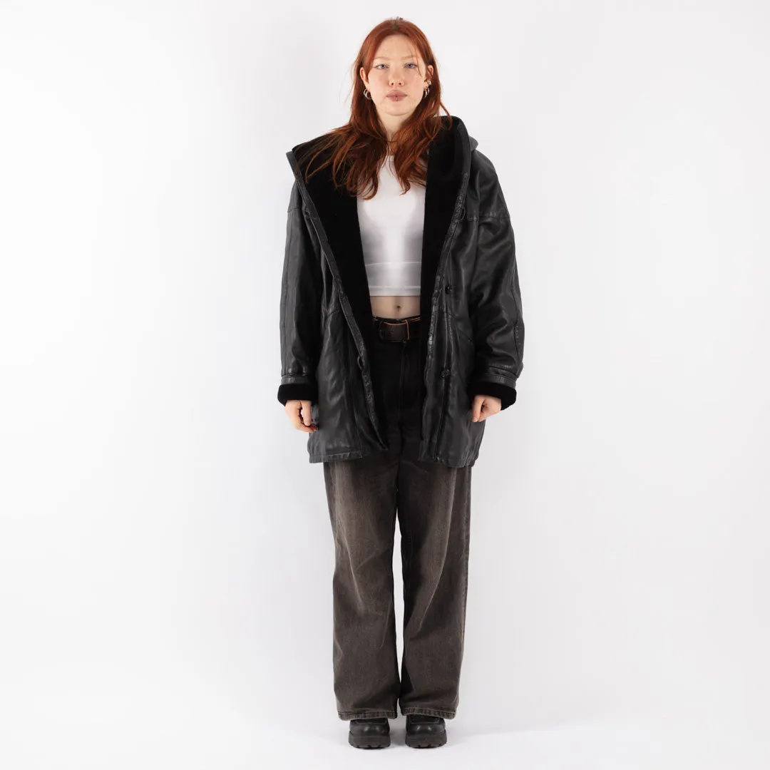 Vintage 90's Women Hooded Leather Sherpa Coat in Black