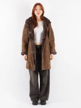 Vintage 90's Women Hooded Sheepskin Coat in Brown