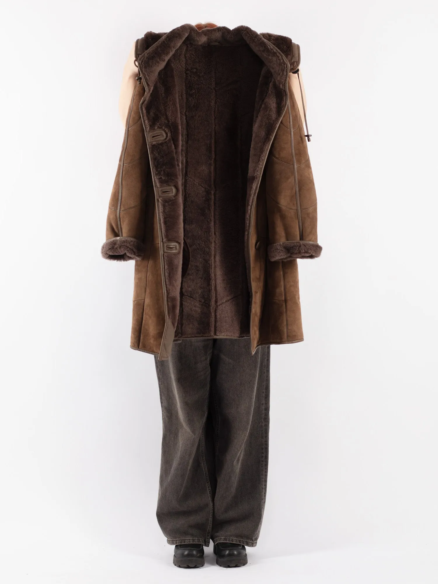 Vintage 90's Women Hooded Sheepskin Coat in Brown