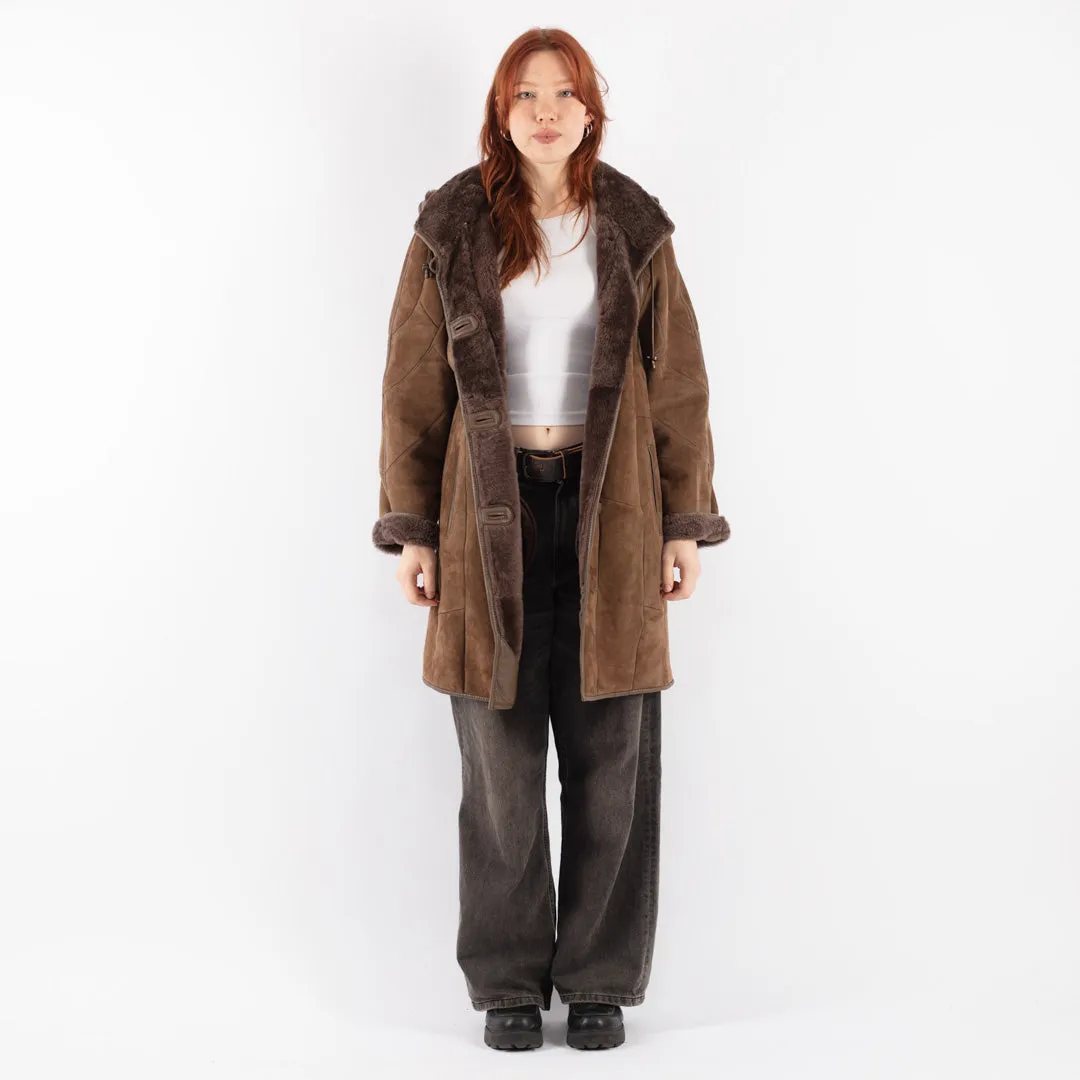 Vintage 90's Women Hooded Sheepskin Coat in Brown