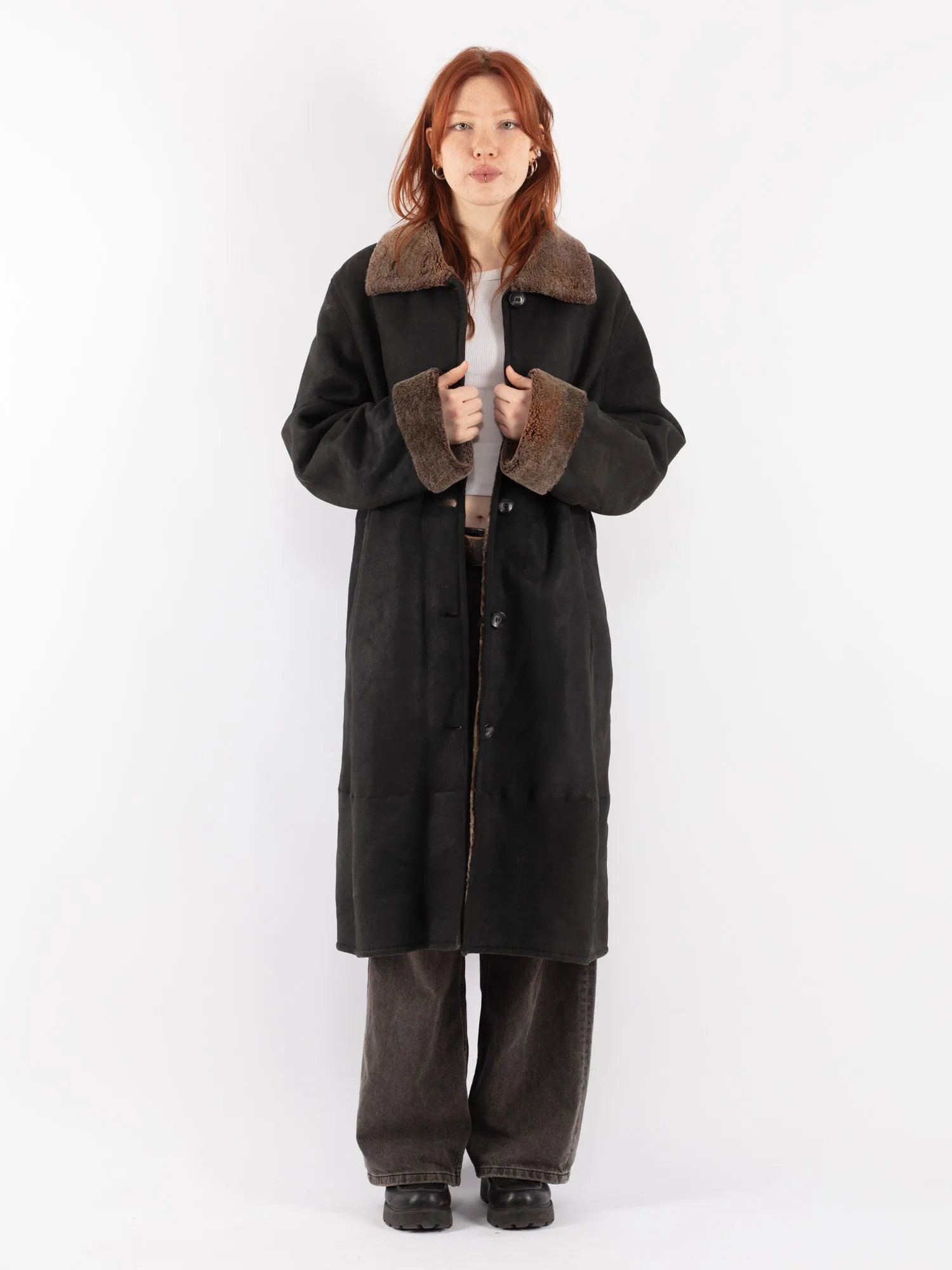 Vintage 90's Women Sheepskin Long Coat in Black