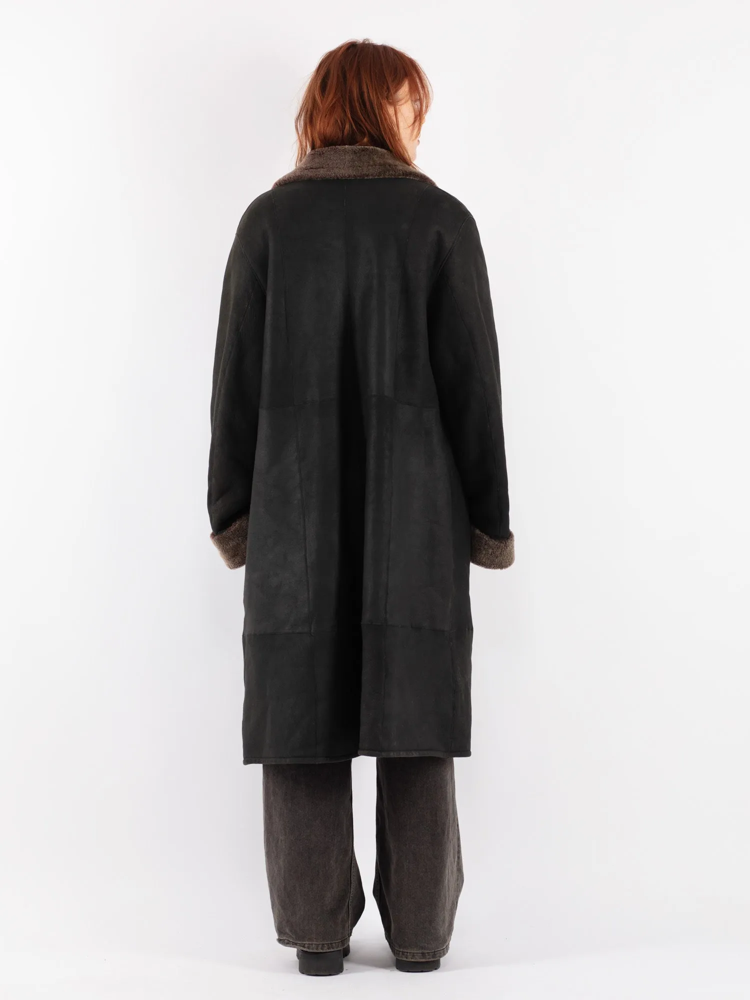 Vintage 90's Women Sheepskin Long Coat in Black