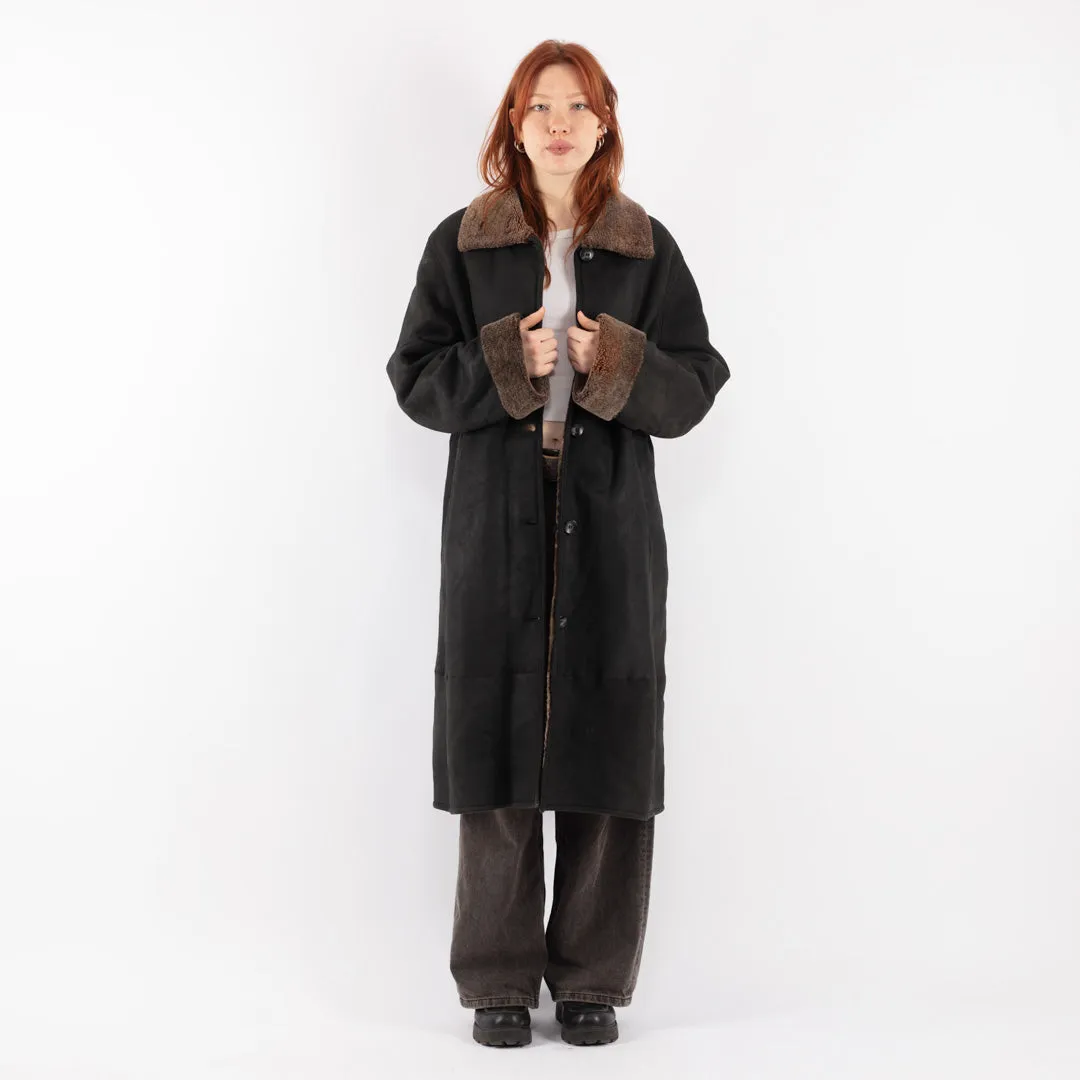 Vintage 90's Women Sheepskin Long Coat in Black