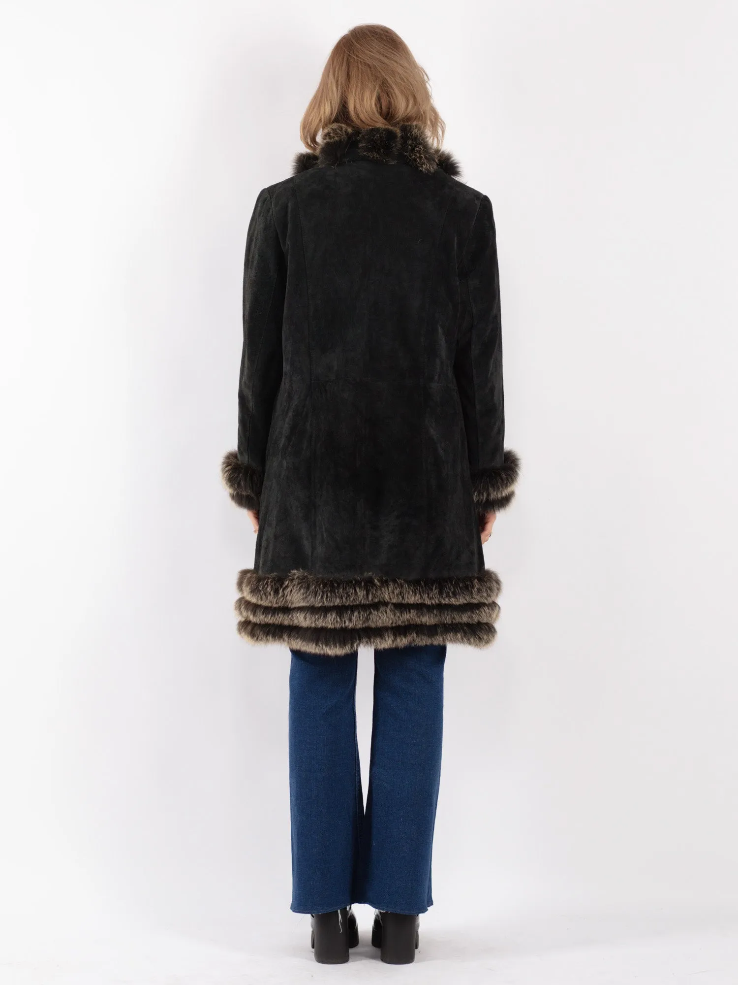 Vintage 90's Women Suede Fur Coat in Black