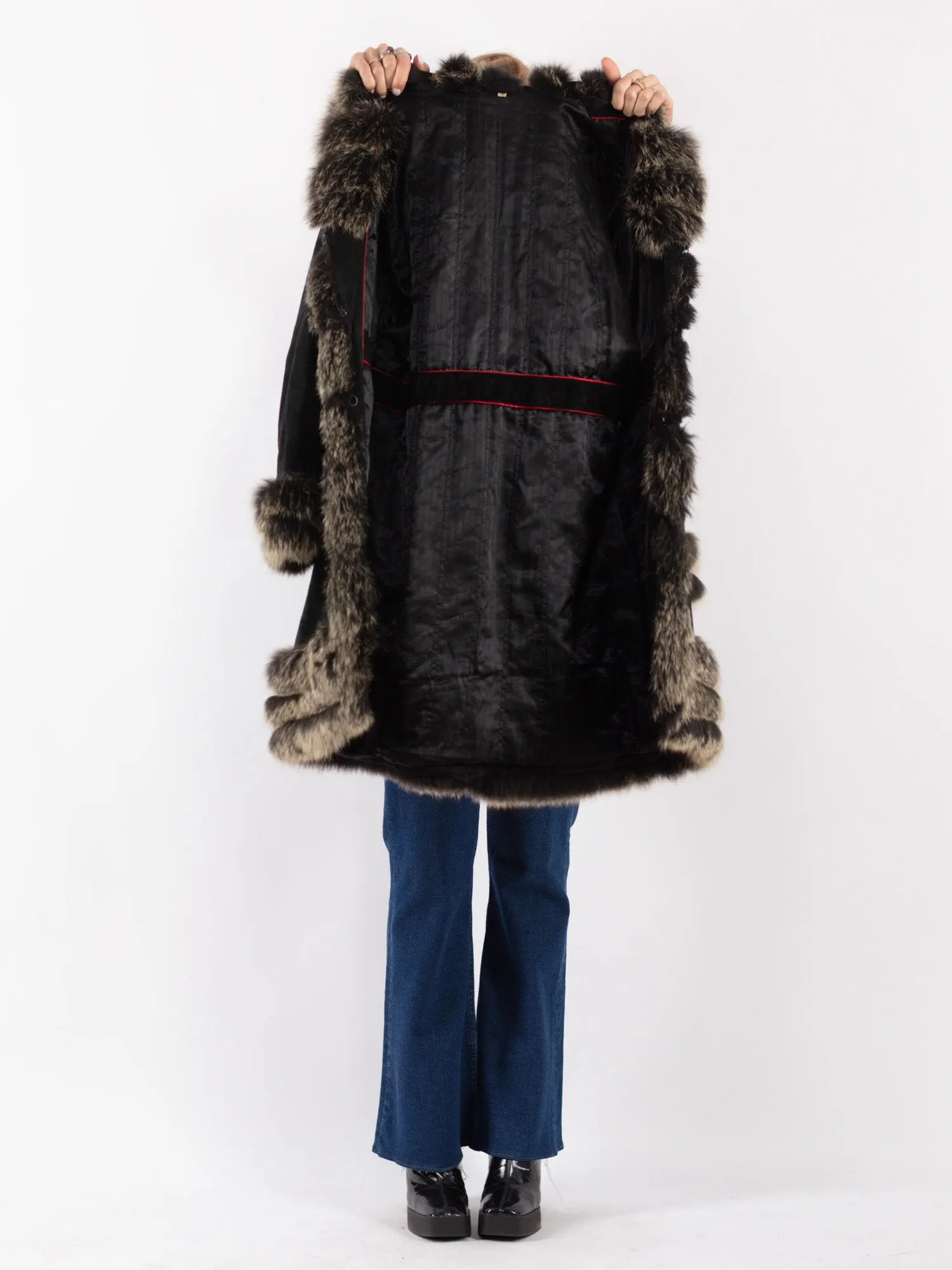 Vintage 90's Women Suede Fur Coat in Black