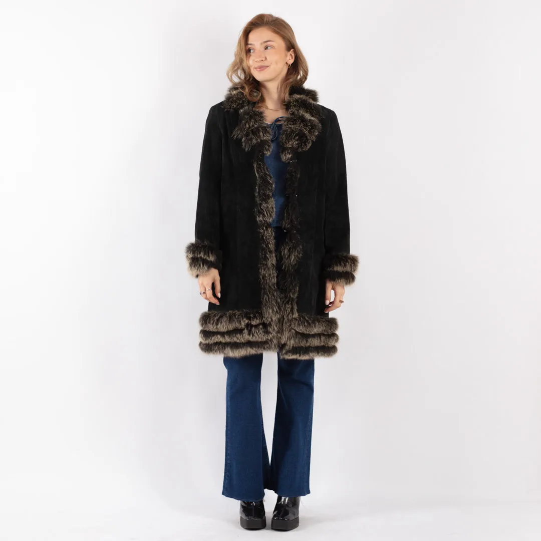 Vintage 90's Women Suede Fur Coat in Black