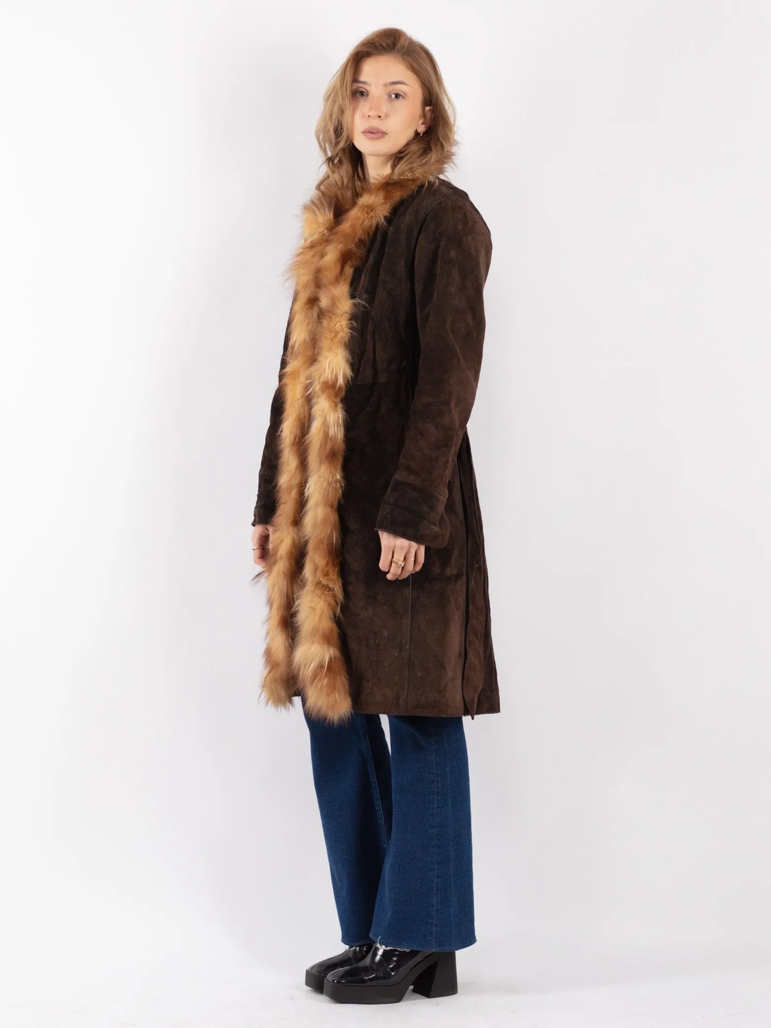 Vintage 90's Women Suede Fur Coat in Brown