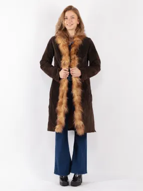 Vintage 90's Women Suede Fur Coat in Brown