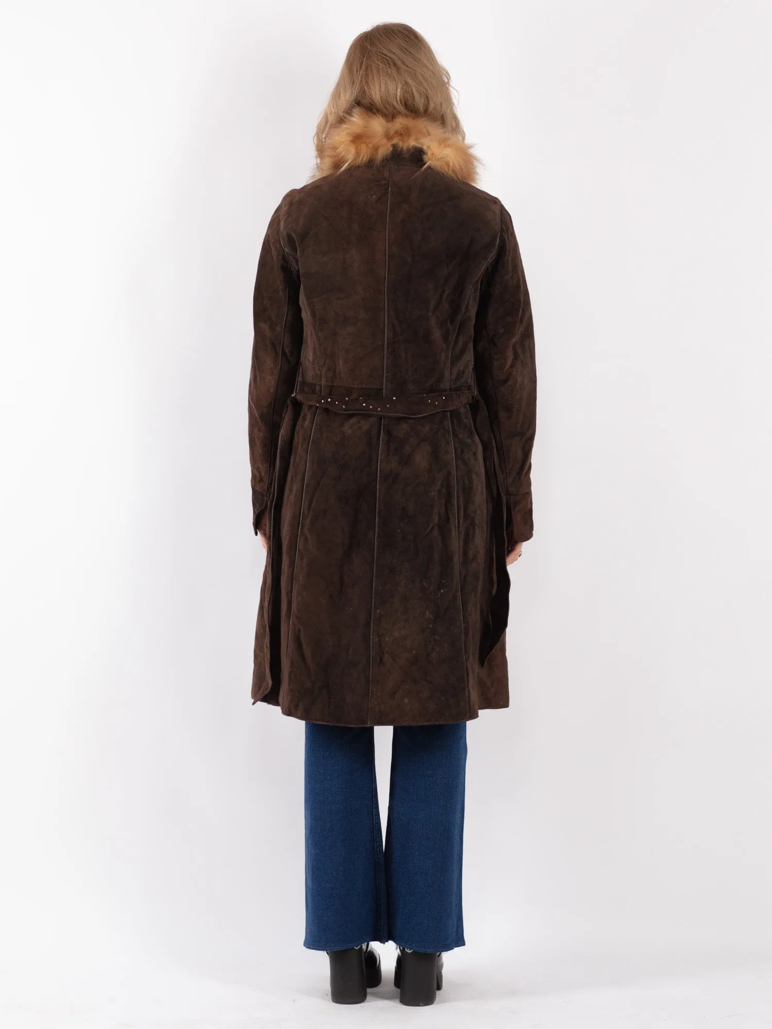 Vintage 90's Women Suede Fur Coat in Brown