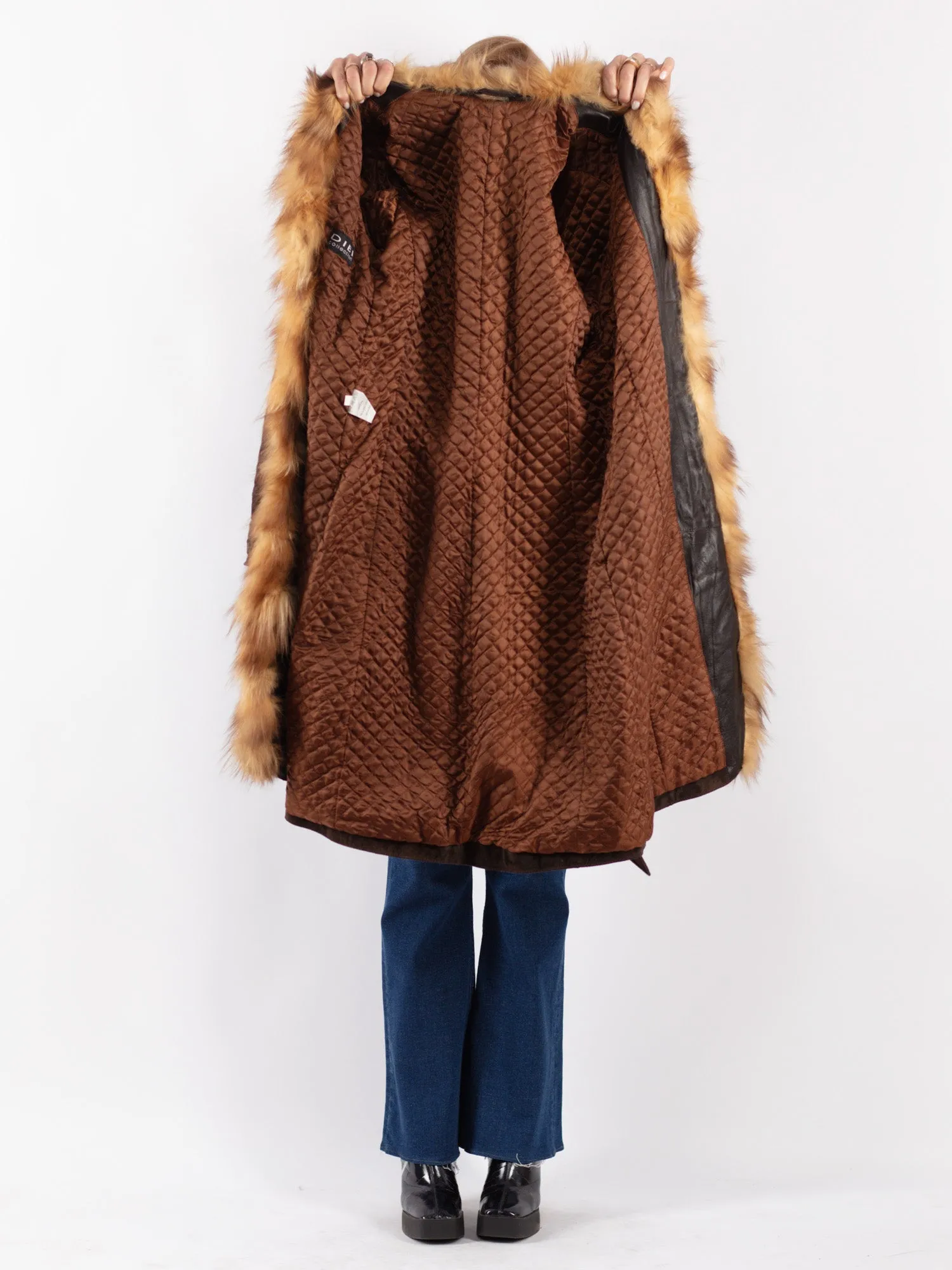 Vintage 90's Women Suede Fur Coat in Brown