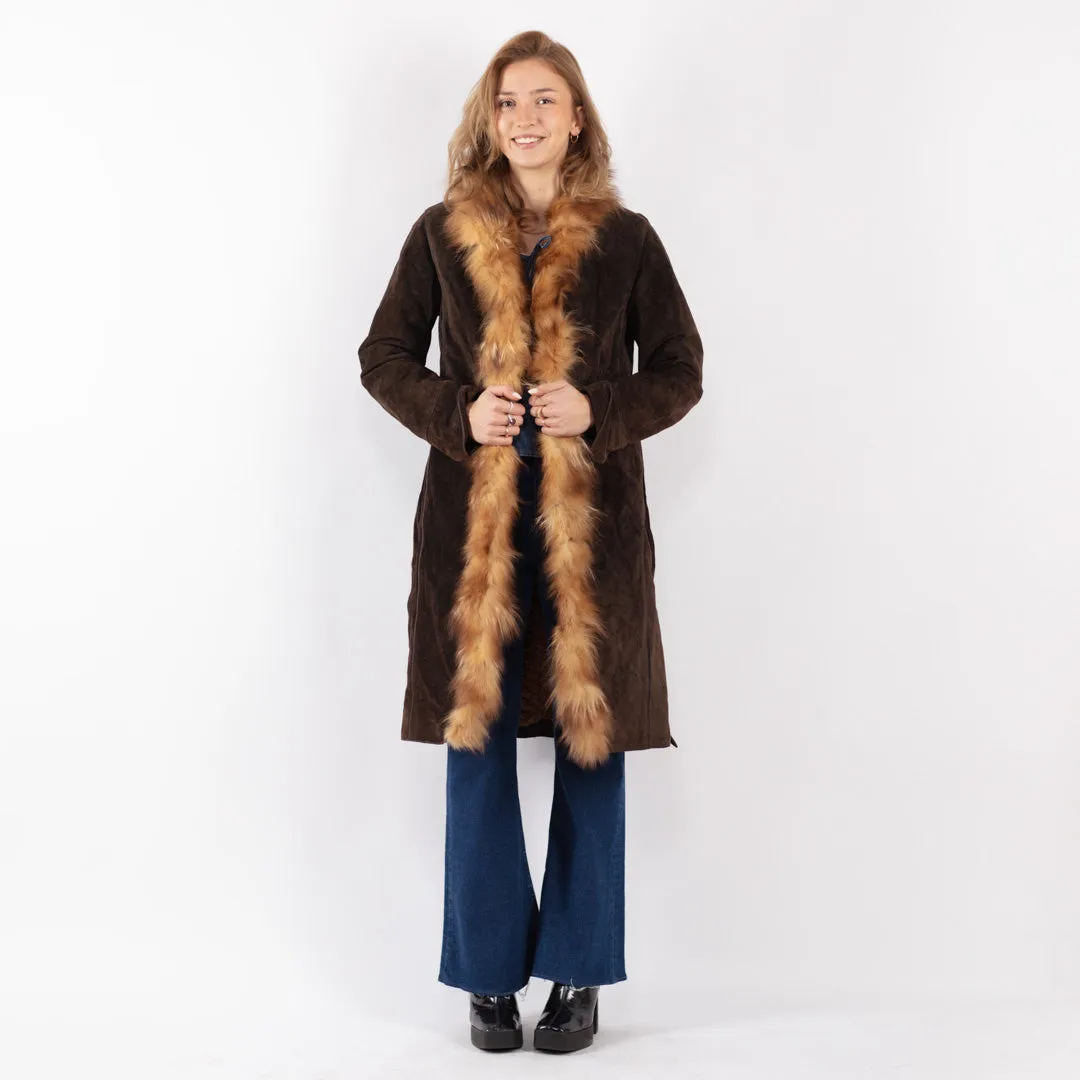 Vintage 90's Women Suede Fur Coat in Brown