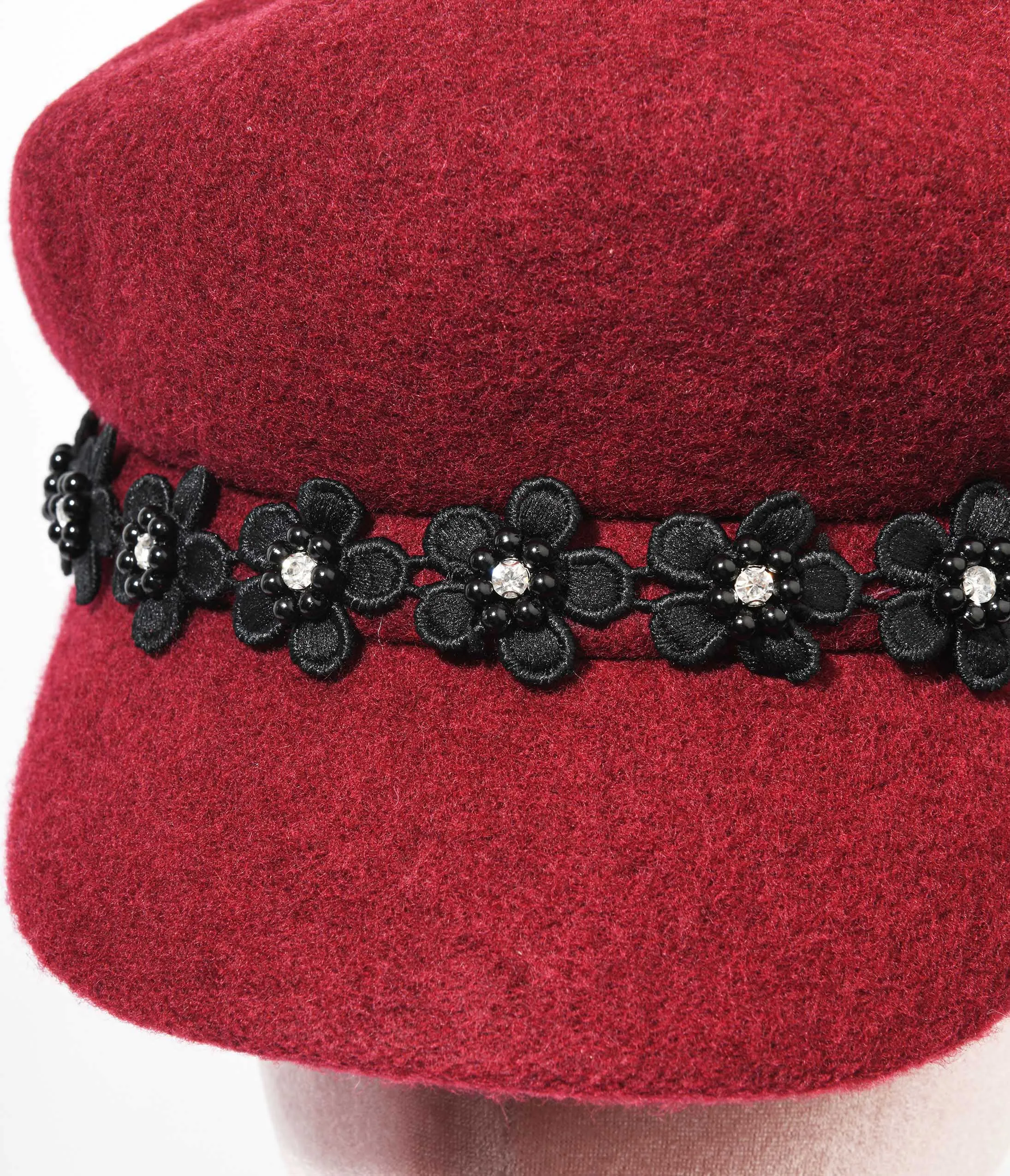 Wine Wool & Black Daisy Cap