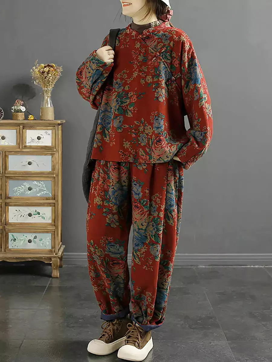 Women Ethnic Flower Loose Slanted Shirt