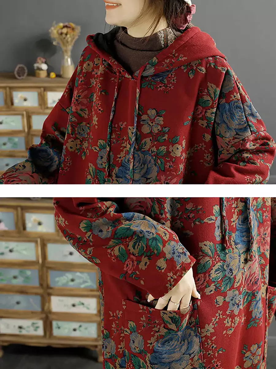 Women Floral Autumn Warm Hooded Shirt