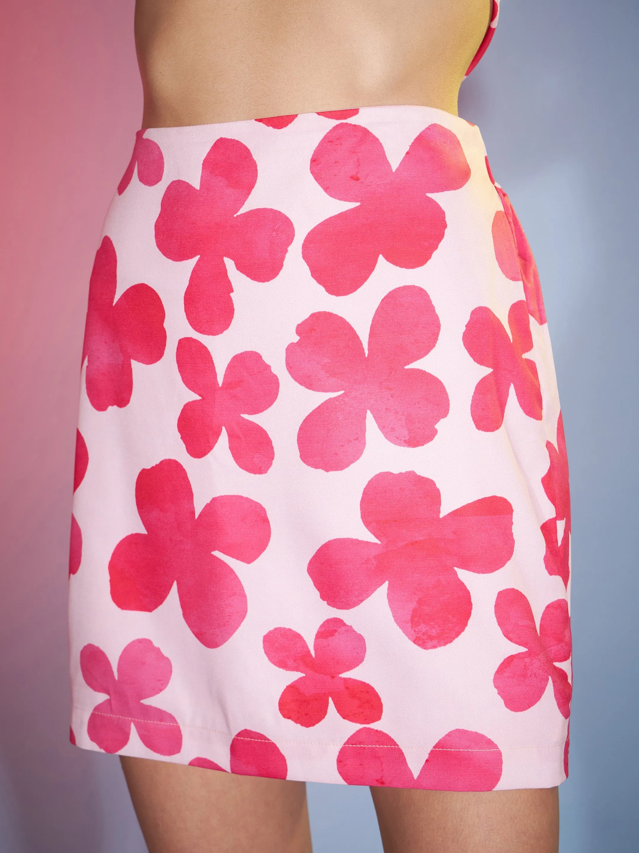 Women Pink Petal Floral Crop Shirt With Mini Skirt