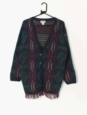 Womens vintage longline cardigan in navy with green and red aztec design and tassels – Medium / Large