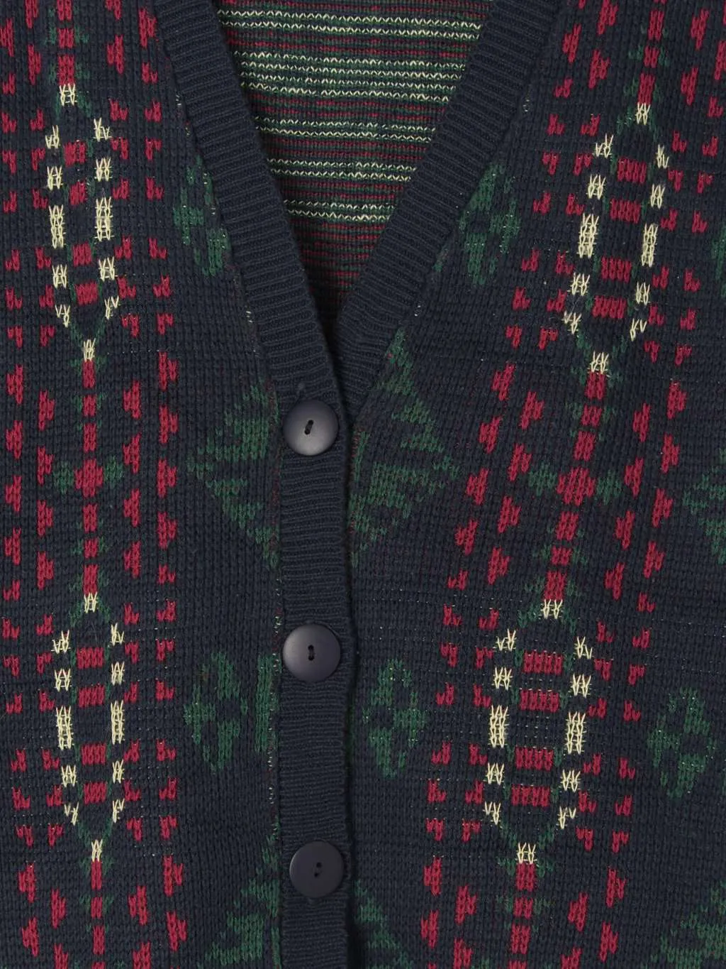 Womens vintage longline cardigan in navy with green and red aztec design and tassels – Medium / Large