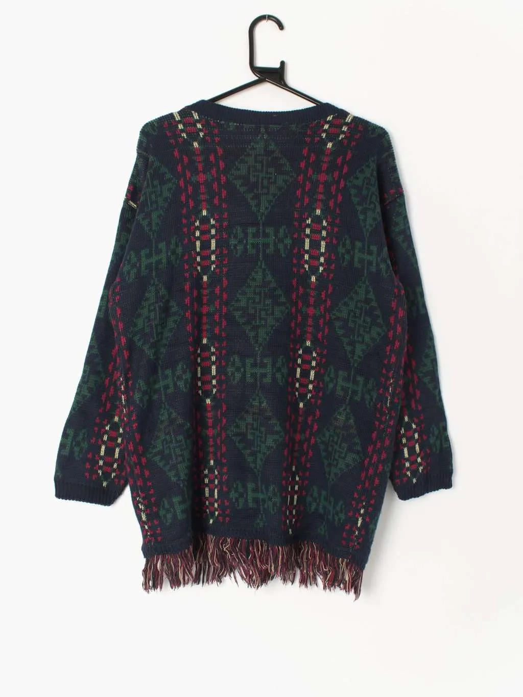 Womens vintage longline cardigan in navy with green and red aztec design and tassels – Medium / Large